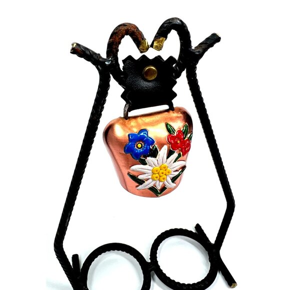 Vintage Swiss Cow Bell Floral Design Iron Stand for Shot Glasses - Picture 5 of 7